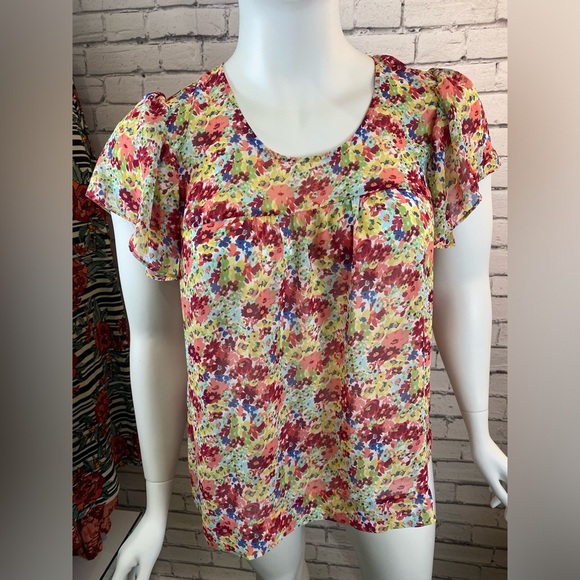 A.N.A. Floral Pink Flutter Sleeve Short Sleeved Shirt size XL - Picture 2 of 9